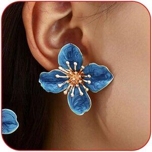 Women's Blue Beauty Cute Flower Shape Statement Boho Dainty Stud Earrings